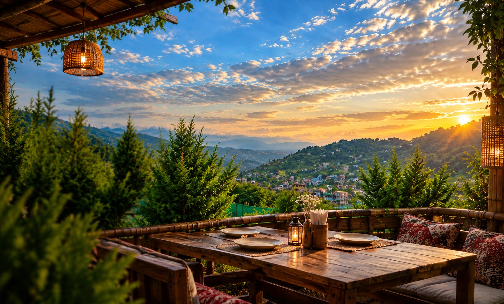 A wooden table on the terrace at sunset, with the hills and the valley beyond